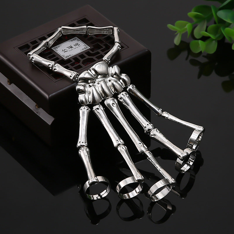 European American Punk Skull Hand Bone Ring Bracelet - Adjustable Chain for Women