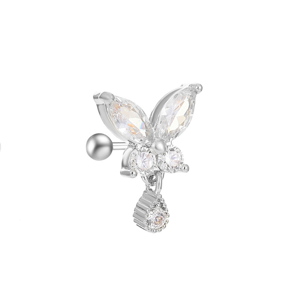 Vintage Zircon Butterfly Flower Heart Copper Screw Earrings