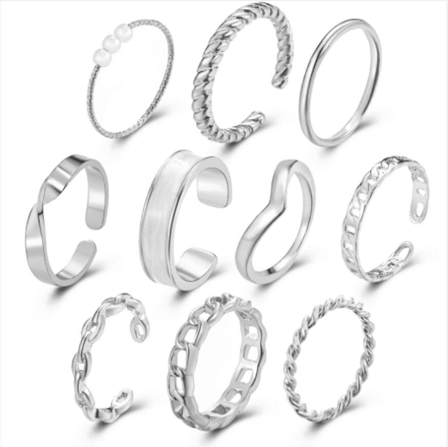 Elegant Pearl & Metal Twist Ring Set - 10 Pieces