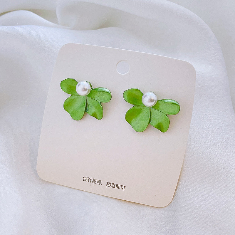 Fairy Leaf Flower Opal Zircon Earrings with Imitation Pearl and Green Tulip Tassel Design