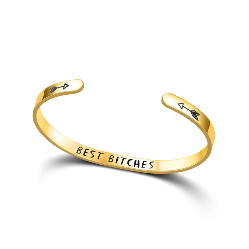 Fashion Minimalist C-Shaped Gold Plated Titanium Steel Engraved Bracelet