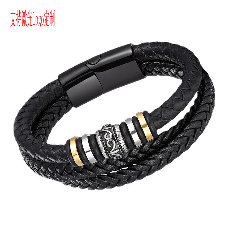 Fashion Cross Rectangle Stainless Steel Leather Braid Unisex Bracelet