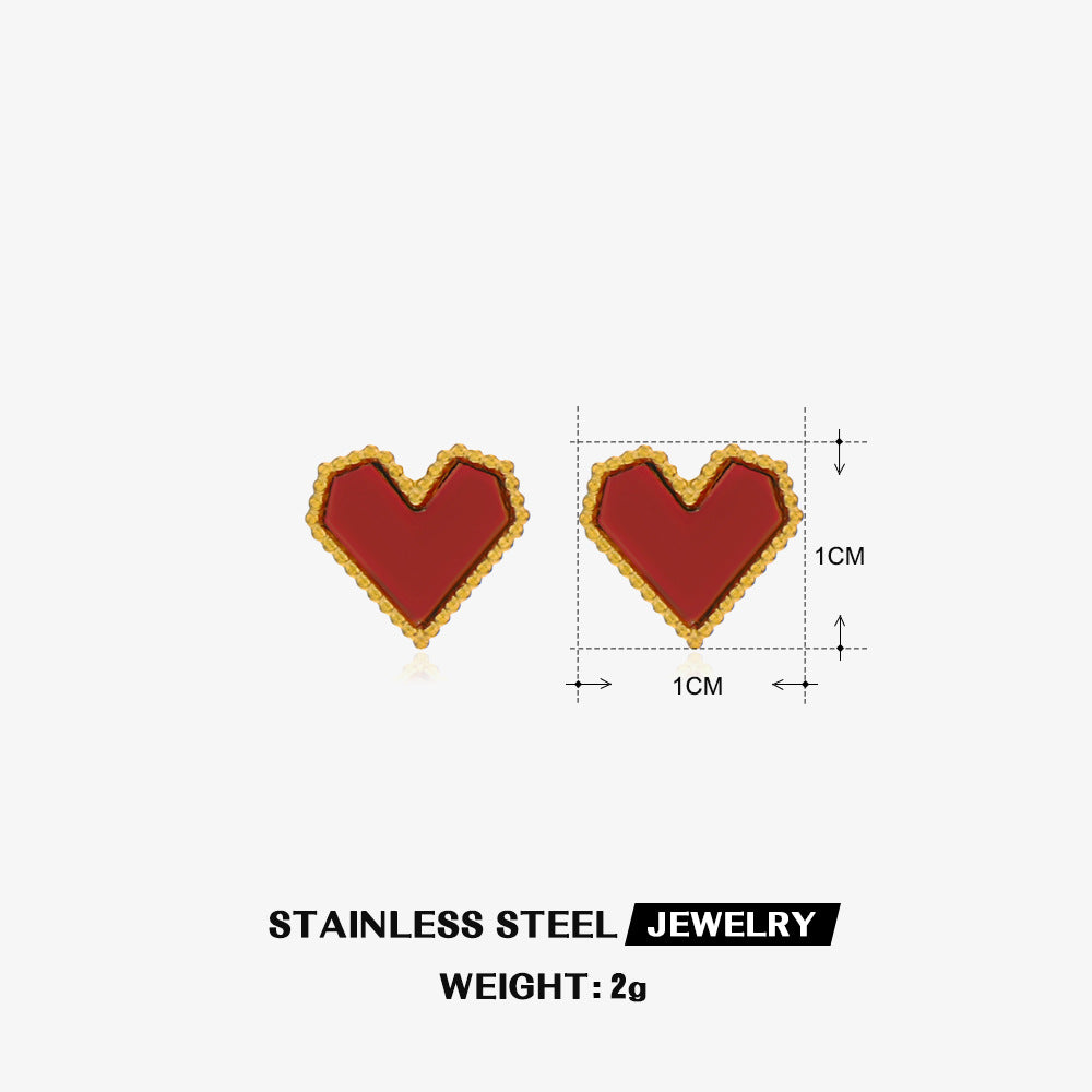 1 Pair Heart Shape Titanium Steel Shell Stud Earrings and Red Heart 18k Gold Plated Stainless Steel Necklace Set