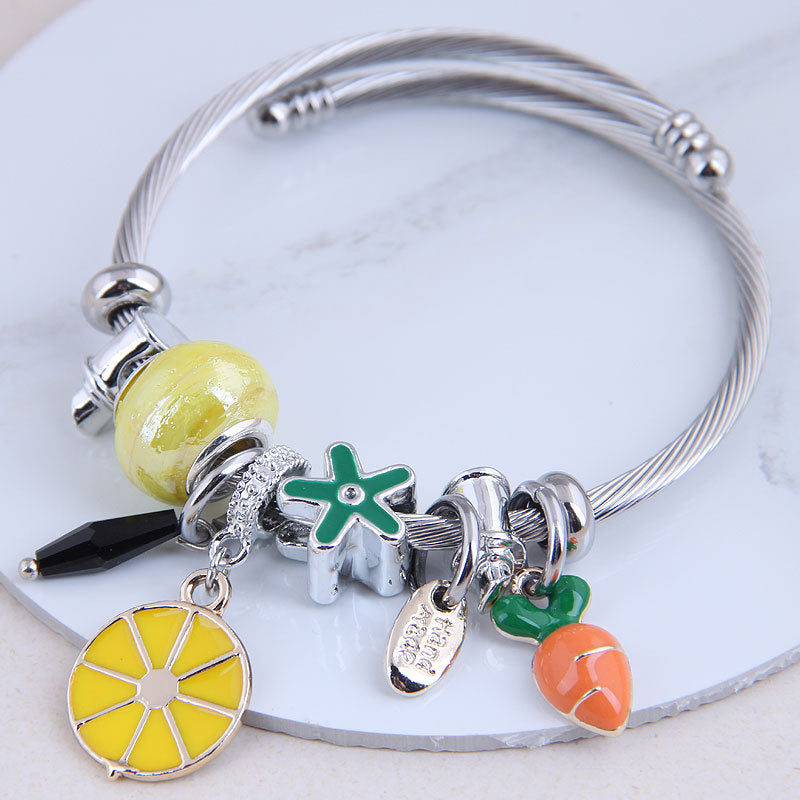 Fashion Metal Flash Diamond Bear & Fruit Charm Bracelet
