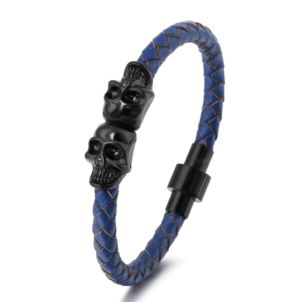 European American Cowhide Skull Magnetic Clasp Men's Bracelet