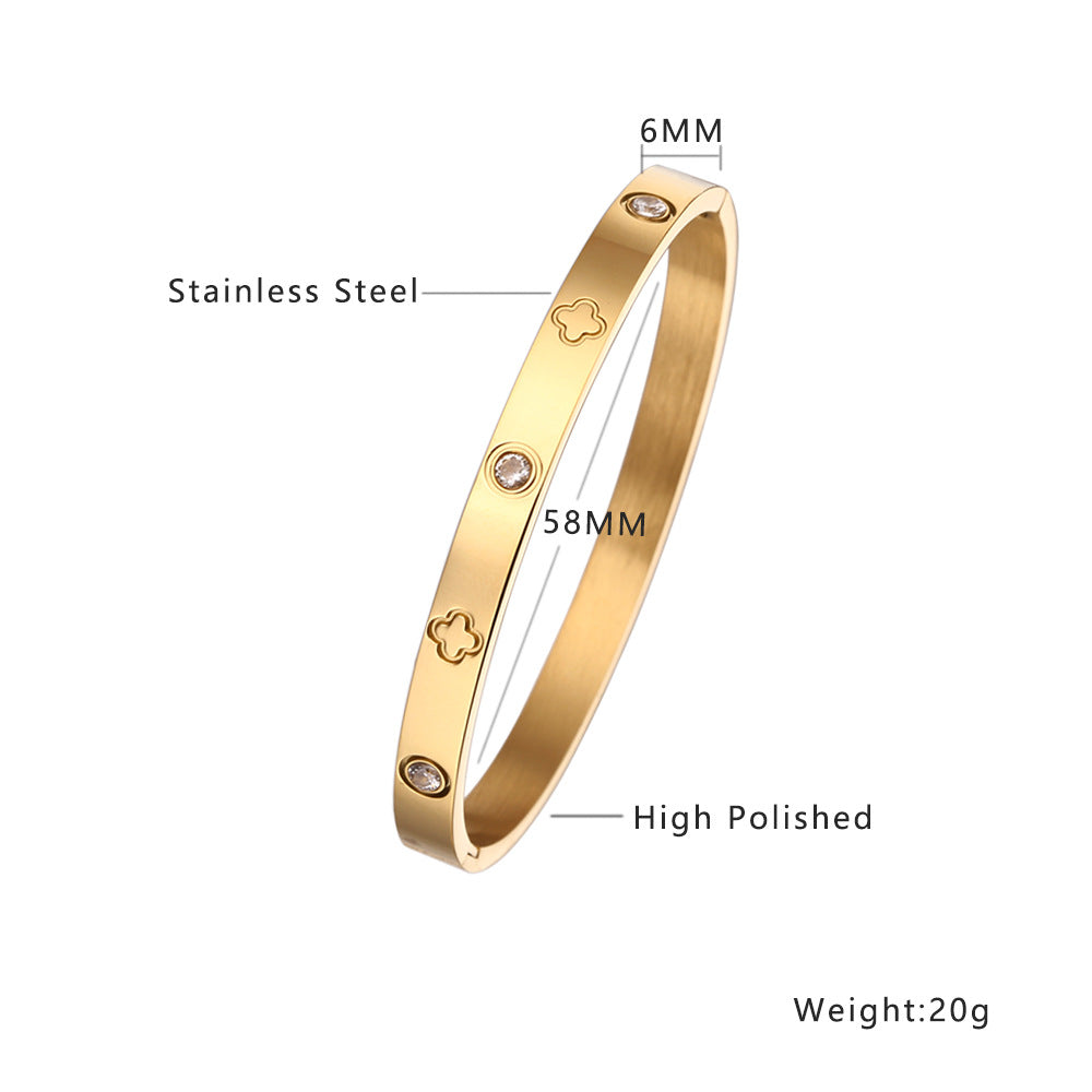 Simple Heart Shape Diamond Gold-Plated Titanium Steel Bangle Bracelet