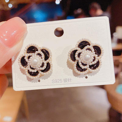 French Style Camellia Flower Rhinestone Pearl Stud Earrings