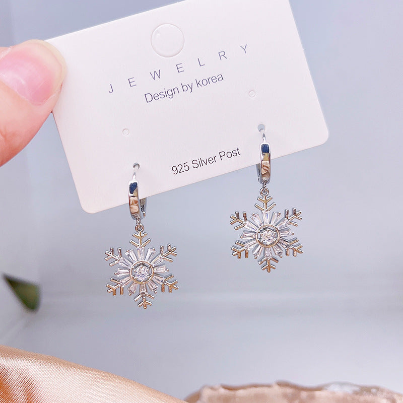 Fashion Rotatable Christmas Tree Snowflake Zircon Stud Earrings in 925 Silver