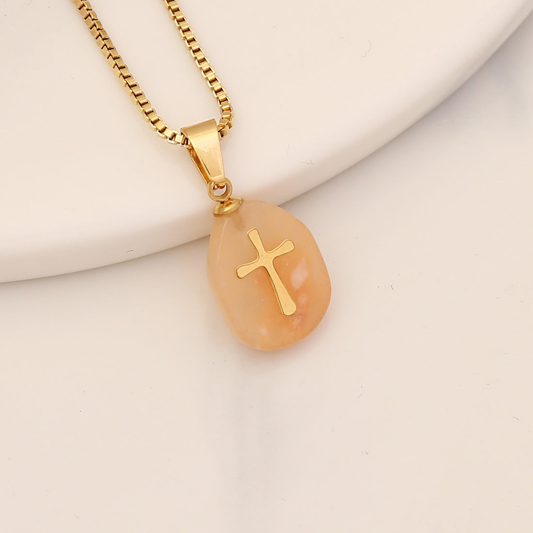 Fashion Stainless Steel Natural Stone Cross Pendant Necklace