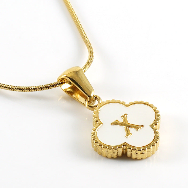 Clover Shell Letter Pendant Gold Plated Stainless Steel Snake Chain Necklace