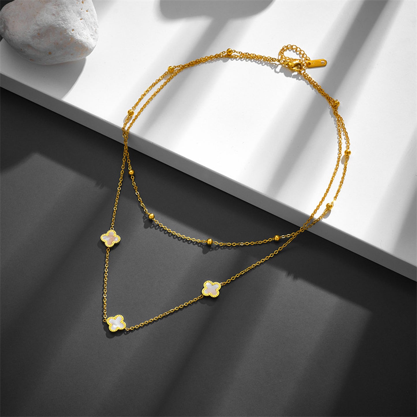 Fashion Star and Clover Layered Stainless Steel Necklace with Shell Inlay
