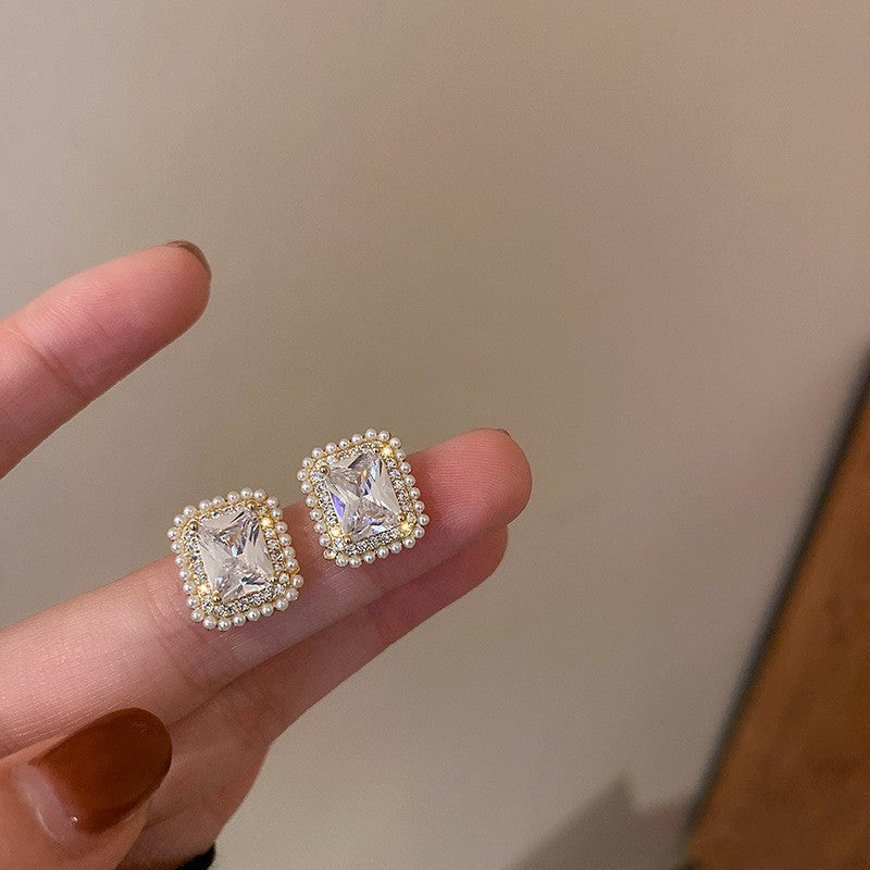 Korean Geometric Diamond Pearl Stud Earrings 925 Silver Needle