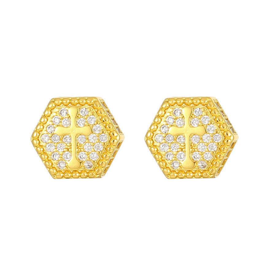 1 Pair Hip-hop Cross Hexagon Copper Zircon Gold Plated Stud Earrings