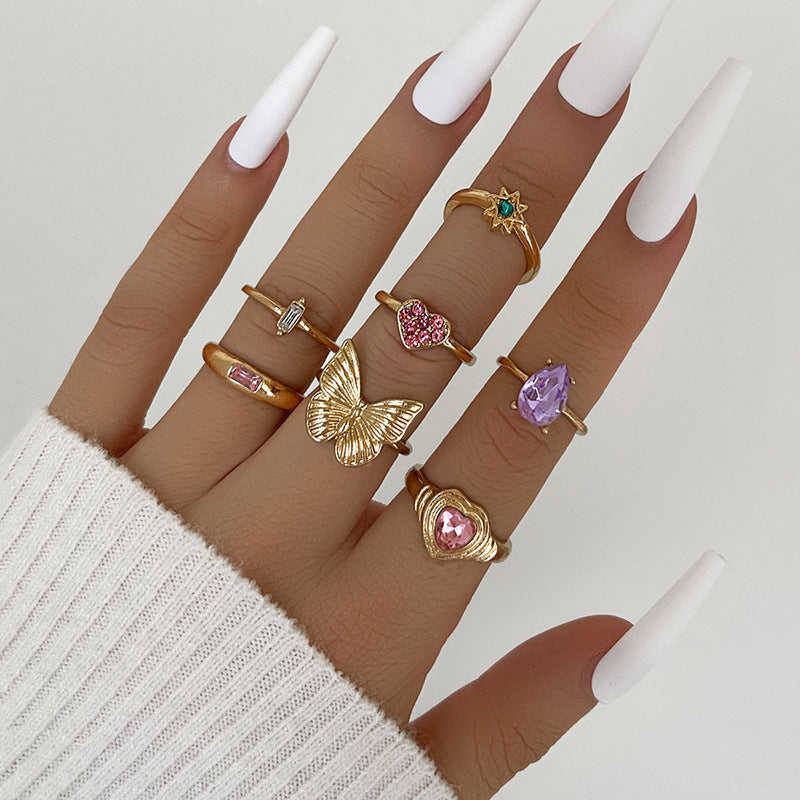 European American Tai Chi Pink Diamond Flower & Heart Ring Set