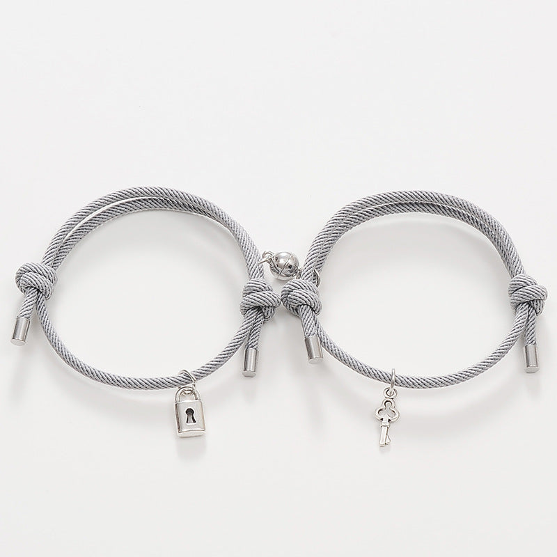 Alloy Key Lock Magnetic Couple Hand Rope Bracelet Set