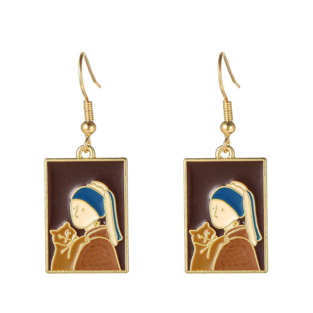 Cartoon Mona Lisa & Van Gogh Character Portrait Enamel Alloy Earrings