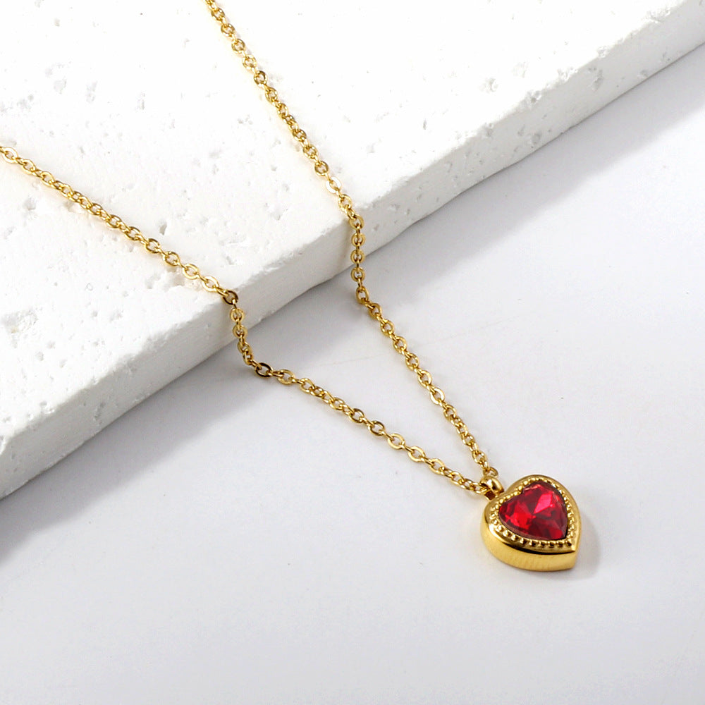 Heart Shape Gold Plated Zircon Pendant Necklace - Stainless Steel Vintage Style