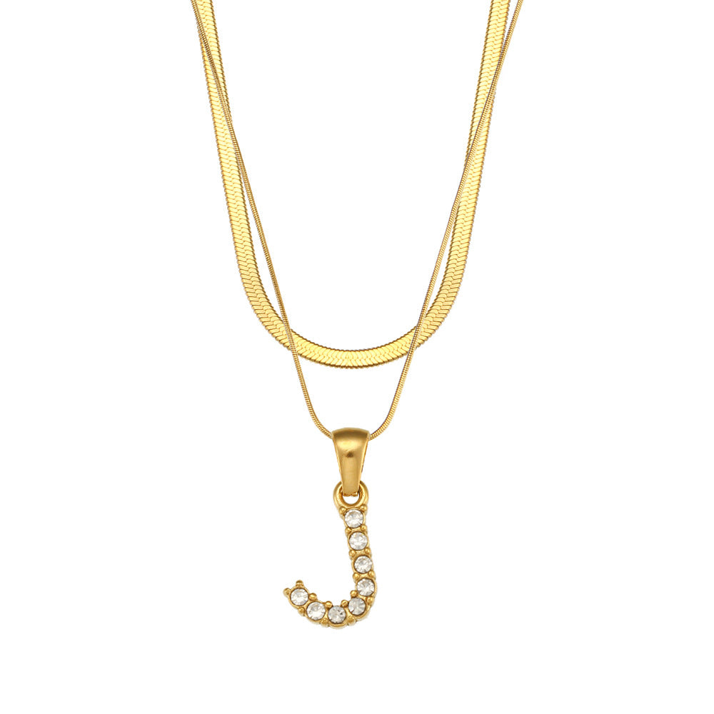 18K Gold Plated Double-Layer Zircon Letter Stainless Steel Necklace