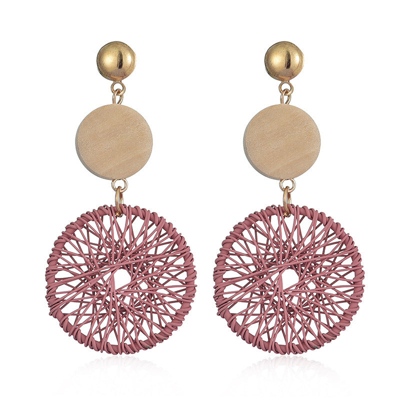 Geometric Wood Tassel Drop Earrings - Vintage Hollow Design