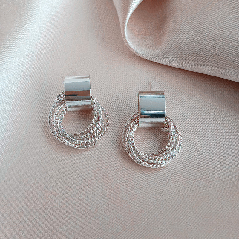 Geometric Metal Plated 925 Silver Needle Circle Earrings for Women