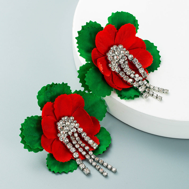 Exaggerated Alloy Diamond Flower Tassel Earrings for Women