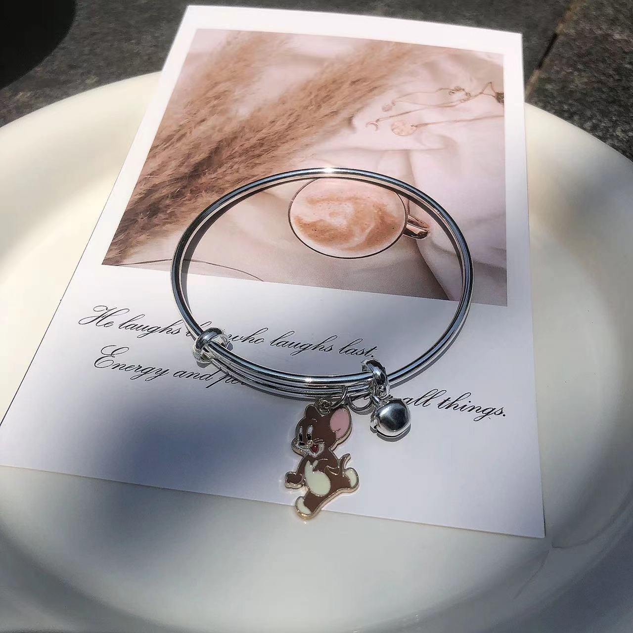 Sweet Cartoon Character Alloy Bangle Bracelet with Bell Charm