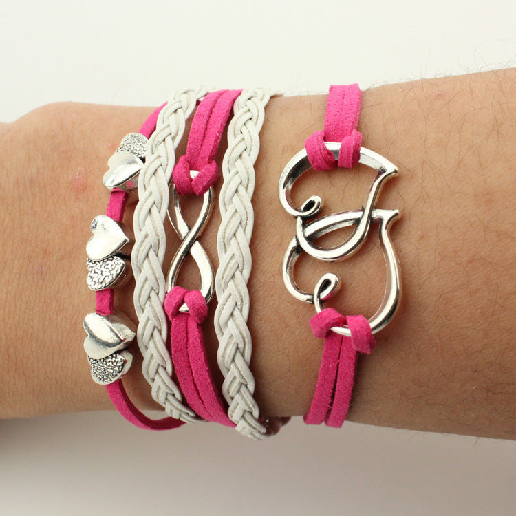 Fashion Multi-Element Leaf Heart Butterfly Owl Braided Women's Bracelet