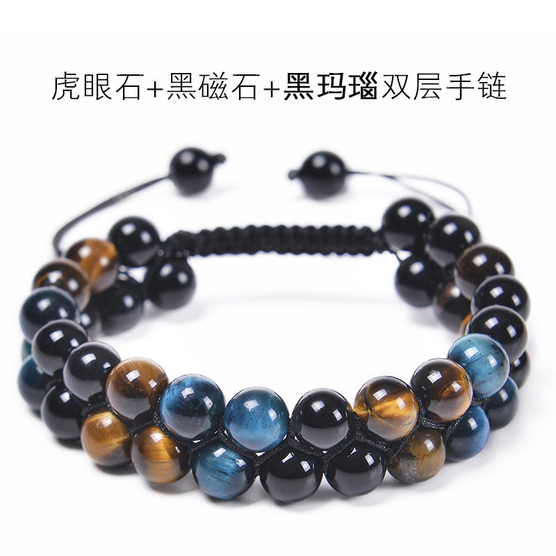 Fashion Natural Agate and Tiger Eye Beaded Adjustable Unisex Bracelet