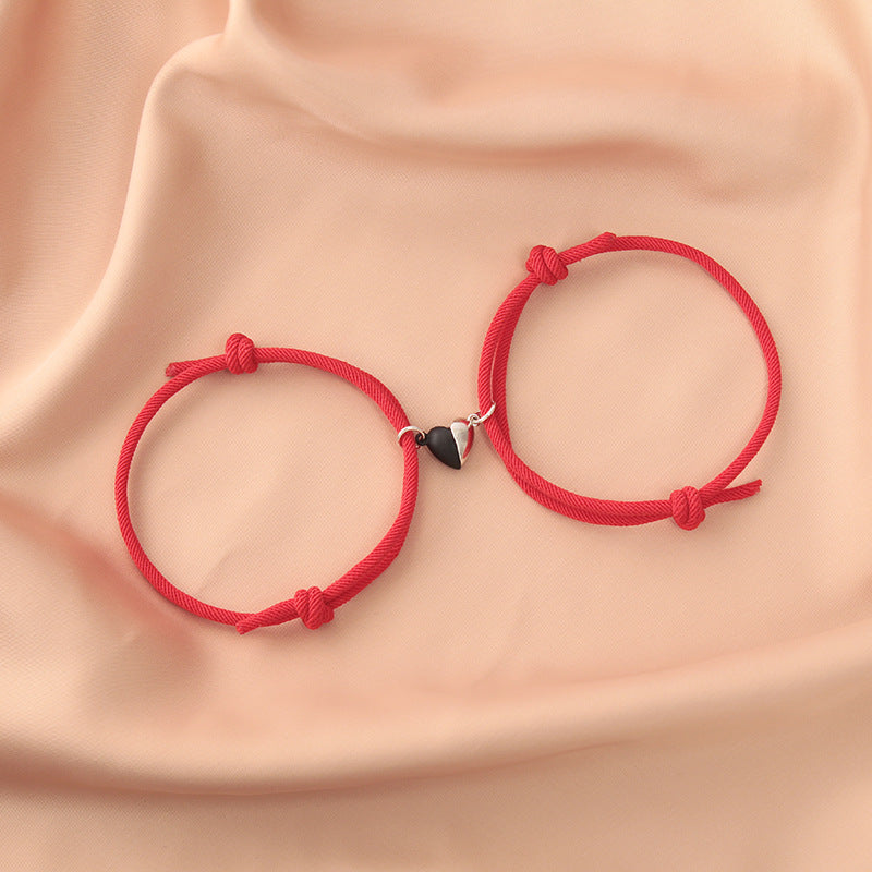 Fashion Black White Heart Magnet Rope Bracelet Pair Set Jewelry