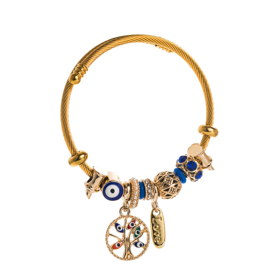 Fashion Gold Devil's Eye Rhinestone Alloy Bracelet with Tree of Life Charm