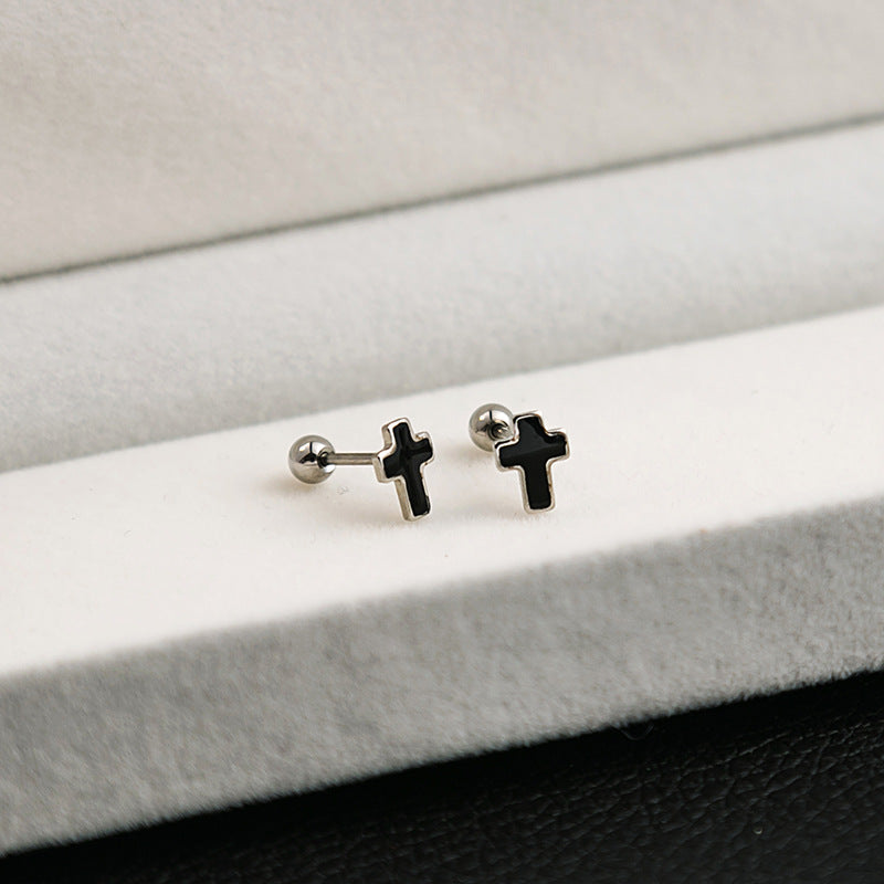 1 Pair Geometric Black Flower Stainless Steel Enamel Cross Heart Stud Earrings