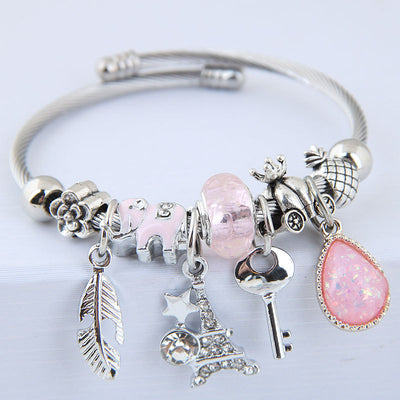 Classic Water Droplet Rhinestone Bangle with Leaf Pendant Crystal Beads Bracelet