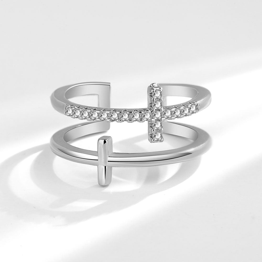 Elegant Double Layer Zircon Cross Open Ring in Sterling Silver Plating