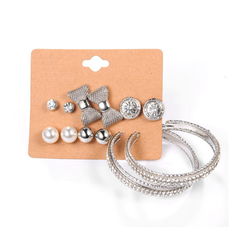 New Inlaid Pearl Gold Hoop Earring Set - 9 Pieces