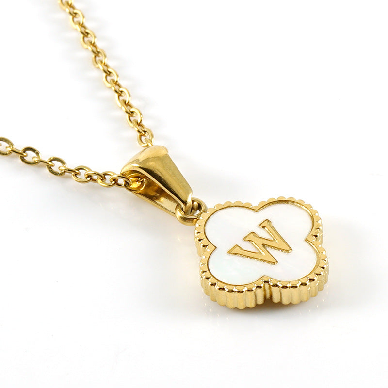 Minimalist Clover & Leaf Letter Gold Plated Stainless Steel Pendant Necklace