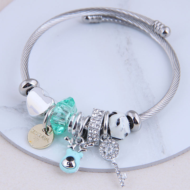 Fashion Metal Flash Diamond Bear & Fruit Charm Bracelet