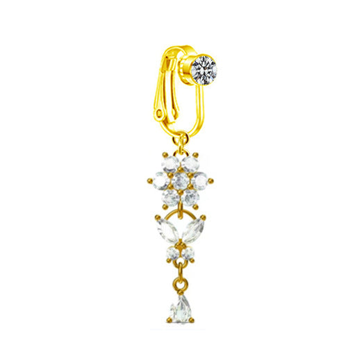 Heart Shape Butterfly Planet Fake Belly Ring - 316 Stainless Steel with Rhinestones