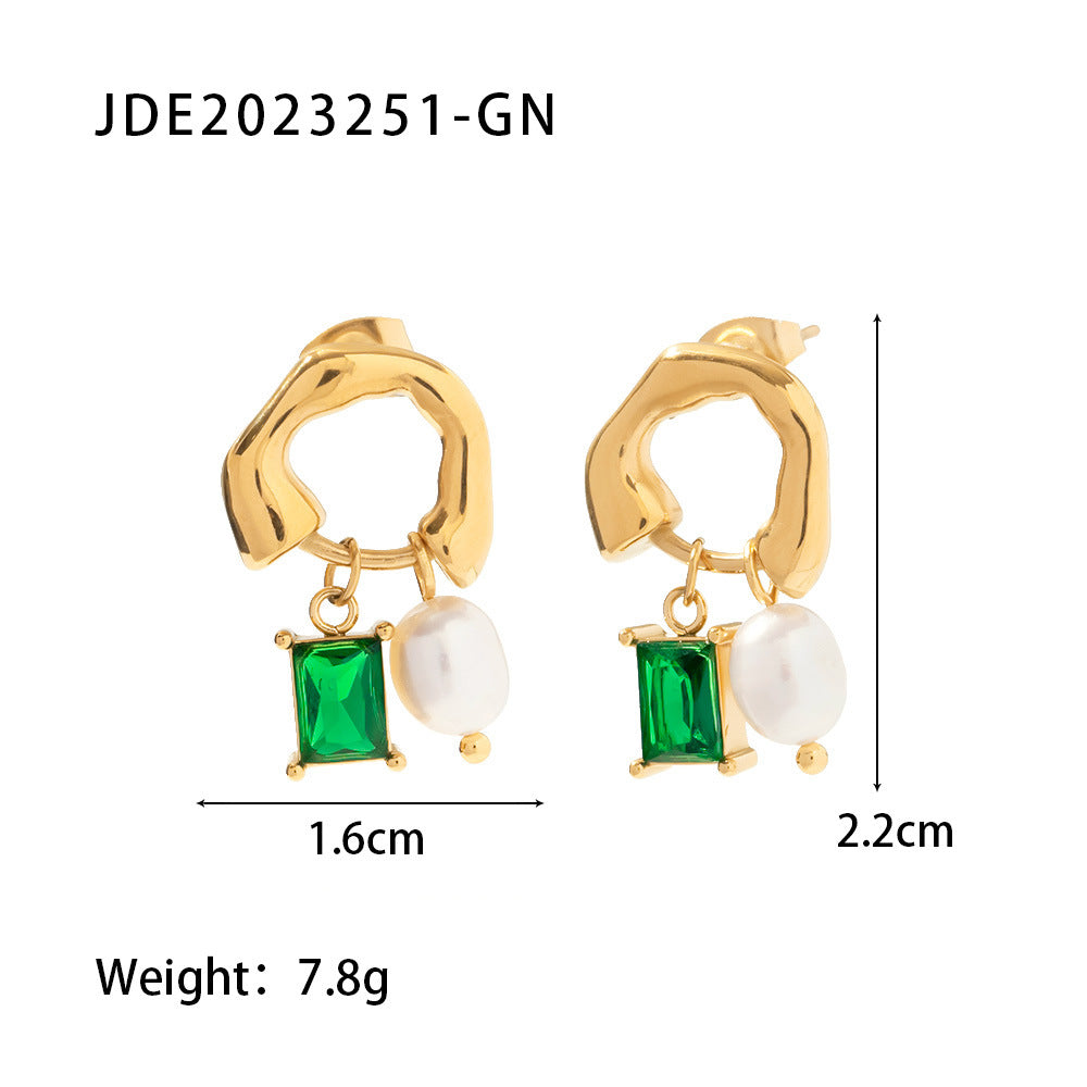 Retro Irregular 18k Gold Plated Stainless Steel Drop Earrings with Zircon and Freshwater Pearl