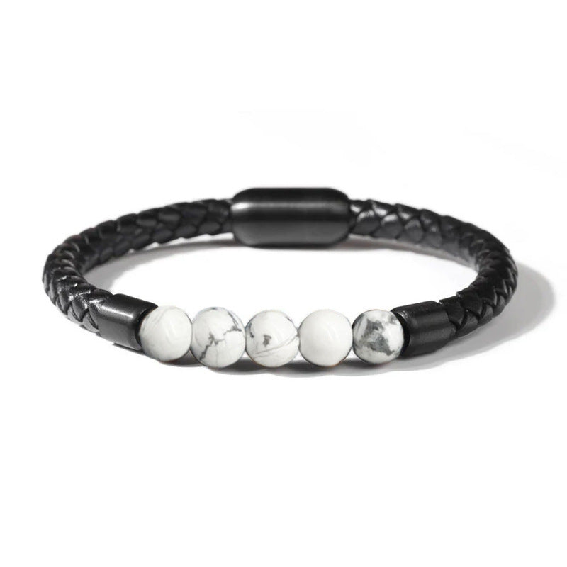 Fashion Circle PU Leather & 8mm Tiger Eye Stone Beaded Men's Bracelet with Magnetic Clasp
