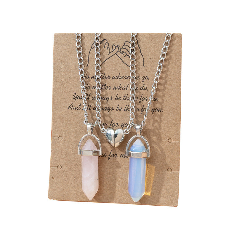 Hexagonal Crystal Quartz Pendant Necklace Set with Water Droplet Gemstone Inlay