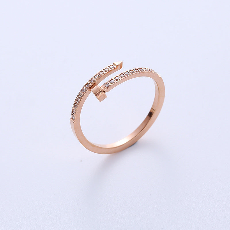Simple Geometric Zircon Inlaid Titanium Steel Statement Ring for Women