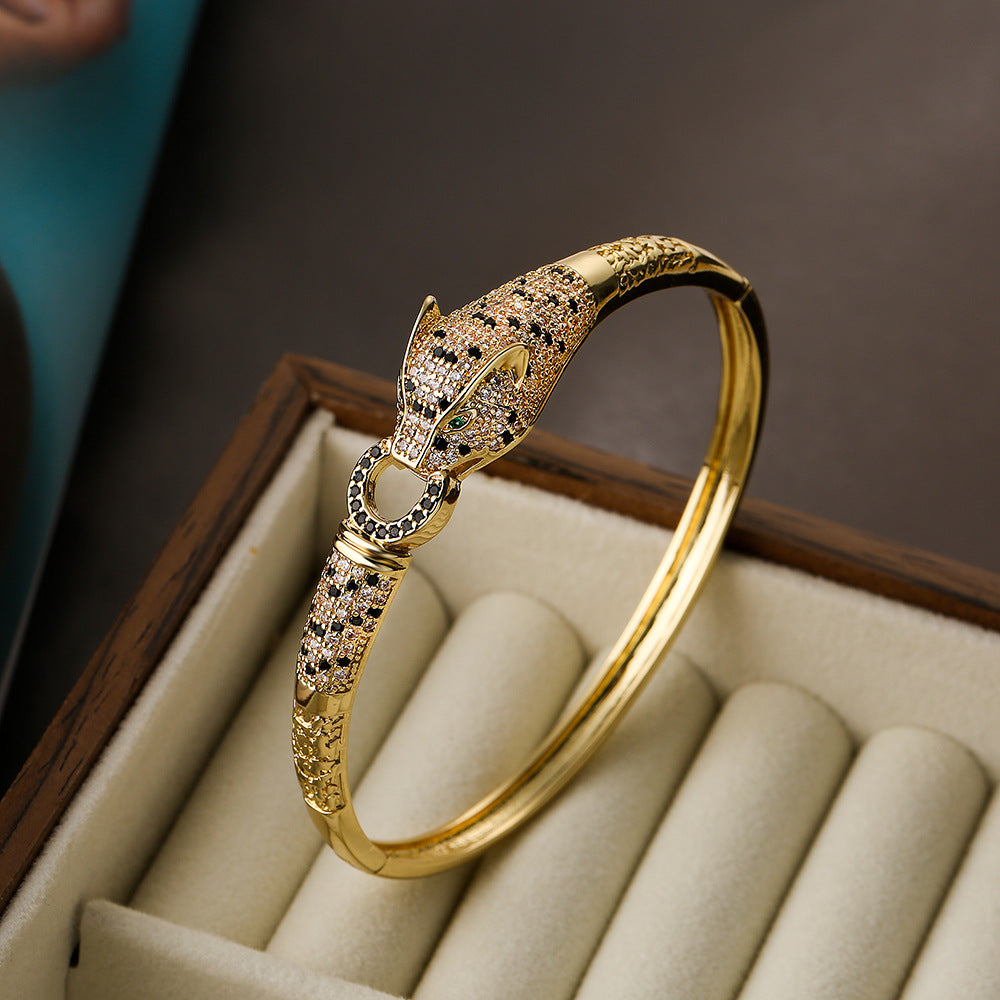 Hip-Hop Leopard Zircon 18K Gold Plated Bangle Bracelet