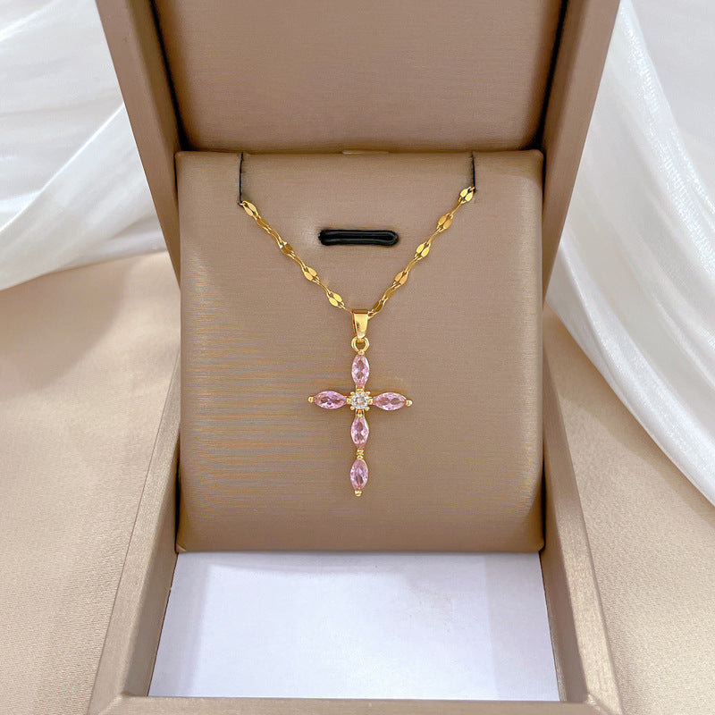 Simple Style Luxurious Zircon Cross Pendant Necklace in Stainless Steel and Copper