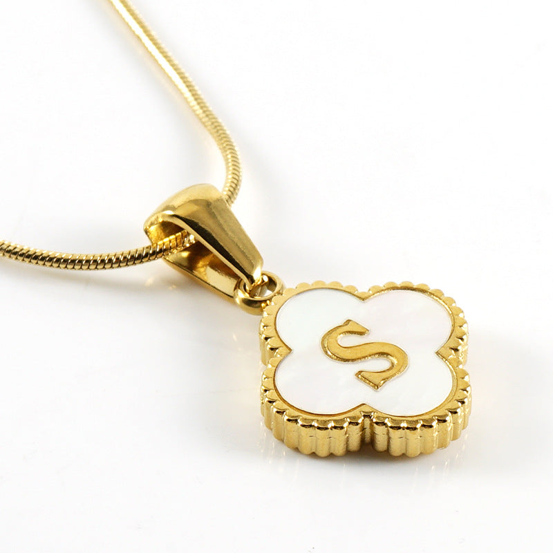 Clover Shell Letter Pendant Gold Plated Stainless Steel Snake Chain Necklace