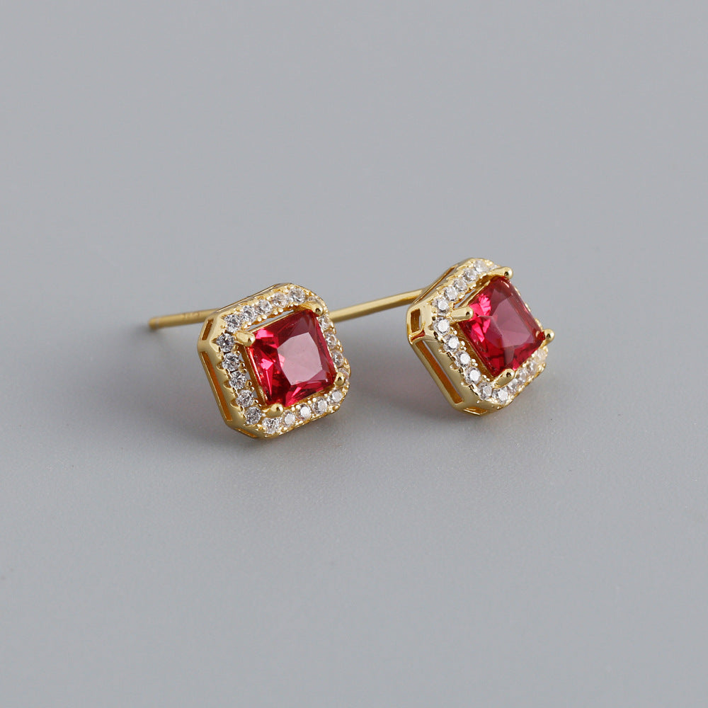 Geometric Sterling Silver Zircon Square Stud Earrings