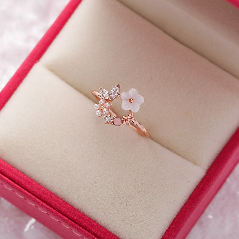 Korean Fashion Crystal Zircon Flower Adjustable Ring