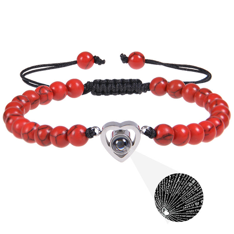 Romantic Heart Shape Natural Stone Projection Bracelets with Pink Crystal Beads