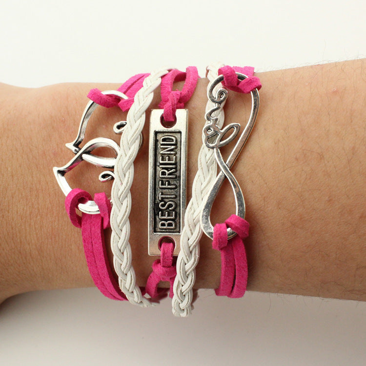 Fashion Multi-Element Leaf Heart Butterfly Owl Braided Women's Bracelet