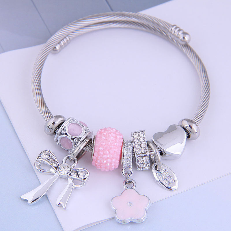 Fashion Stainless Steel Open Cuff Bracelet with Heart and Bowknot Charms
