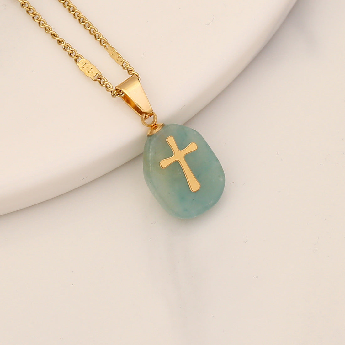 Fashion Stainless Steel Natural Stone Cross Pendant Necklace